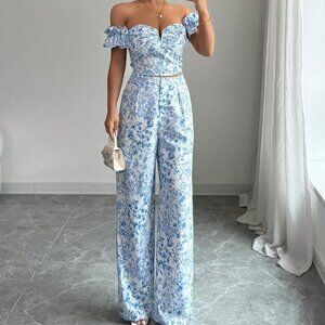 Blue And White Elegant Womens Top & Straight Leg Pants With Print Off Floral Set